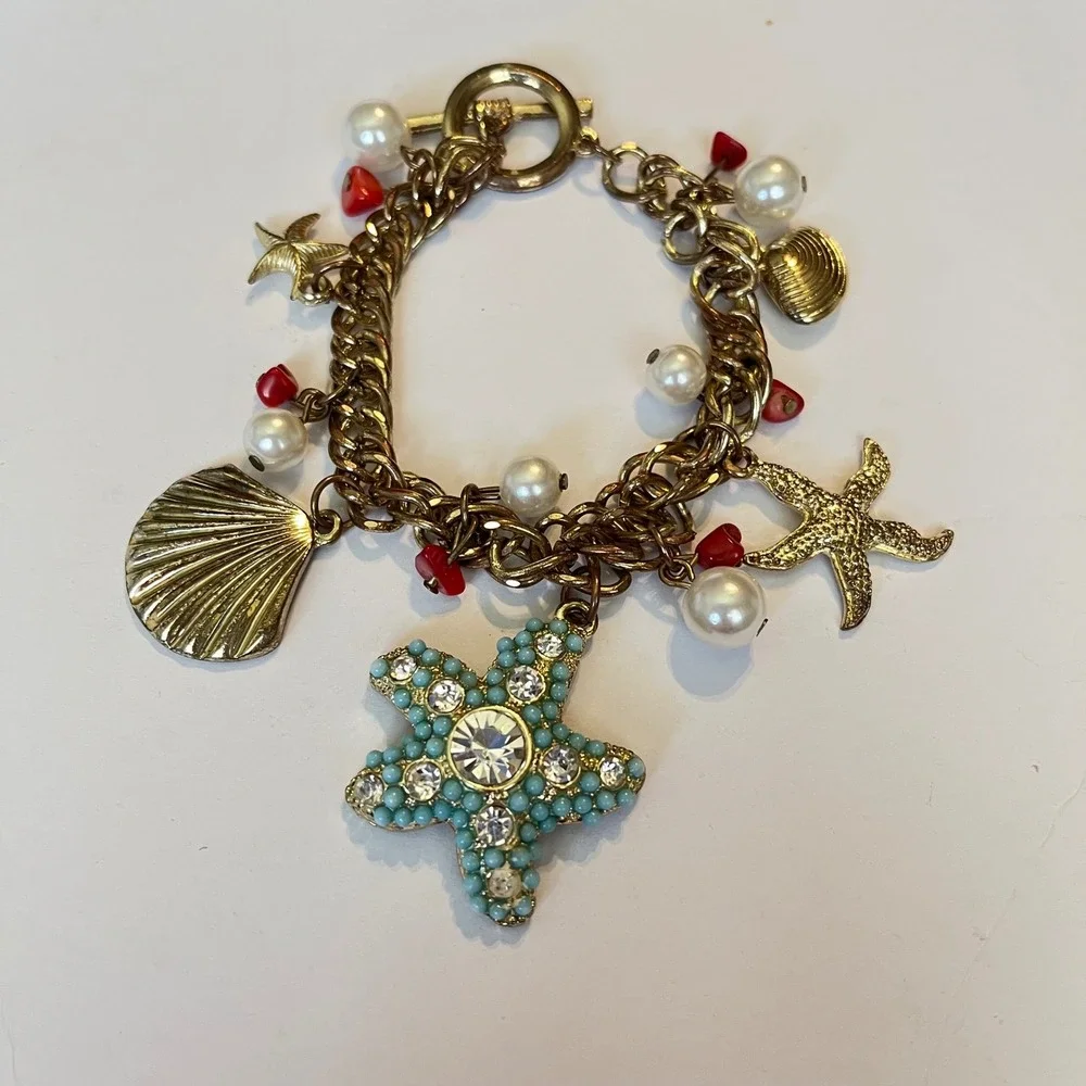 Vintage Charm Necklace Bracelet‎ Set Gold Shell Starfish Pearl Red Bead Coastal